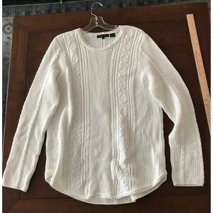 JEANNE‎ PIERRE Womens White Cable Knit Cotton Sweater L Long Sleeve Crew Neck